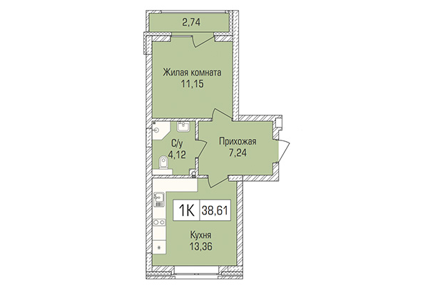 1-комнатная квартира 38,61 м&sup2; в ЖК Цивилизация. Планировка