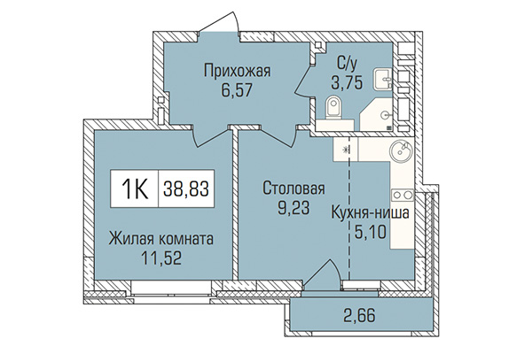 1-комнатная квартира 38,83 м&sup2; в ЖК Цивилизация. Планировка