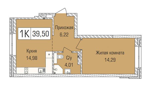 1-комнатная квартира 39,50 м&sup2; в ЖК Цивилизация. Планировка