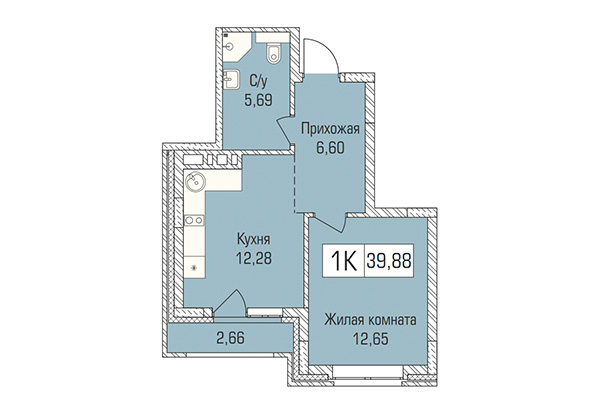 1-комнатная квартира 39,88 м&sup2; в ЖК Цивилизация. Планировка