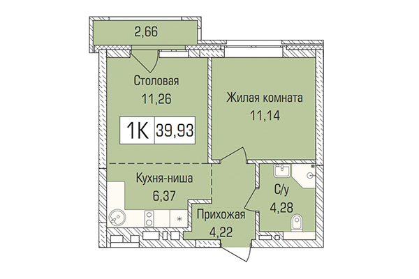 1-комнатная квартира 39,93 м&sup2; в ЖК Цивилизация. Планировка