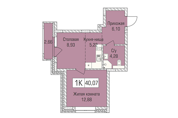 1-комнатная квартира 40,07 м&sup2; в ЖК Цивилизация. Планировка