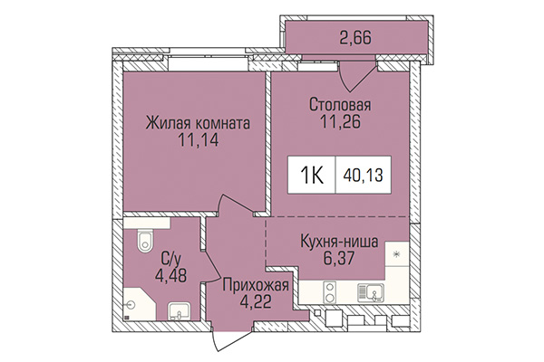 1-комнатная квартира 40,13 м&sup2; в ЖК Цивилизация. Планировка