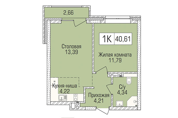 1-комнатная квартира 40,61 м&sup2; в ЖК Цивилизация. Планировка