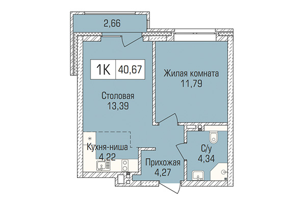 1-комнатная квартира 40,67 м&sup2; в ЖК Цивилизация. Планировка
