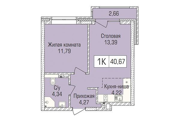 1-комнатная квартира 40,68 м&sup2; в ЖК Цивилизация. Планировка