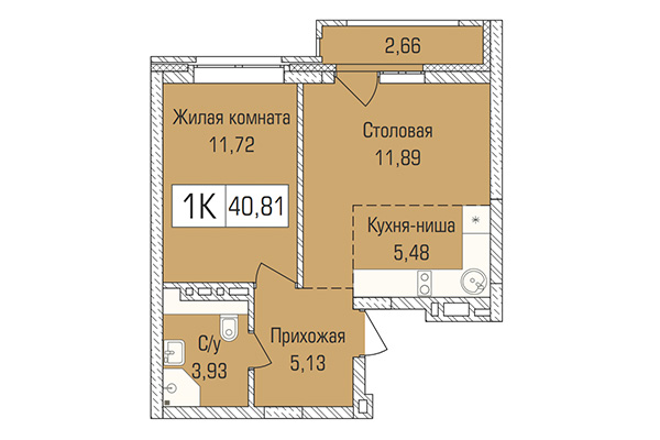 1-комнатная квартира 40,81 м&sup2; в ЖК Цивилизация. Планировка