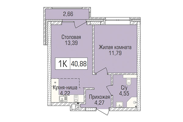 1-комнатная квартира 40,88 м&sup2; в ЖК Цивилизация. Планировка