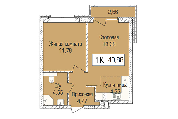 1-комнатная квартира 40,89 м&sup2; в ЖК Цивилизация. Планировка