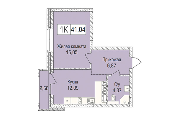 1-комнатная квартира 41,04 м&sup2; в ЖК Цивилизация. Планировка