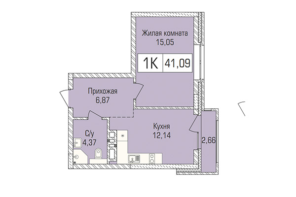 1-комнатная квартира 41,09 м&sup2; в ЖК Цивилизация. Планировка