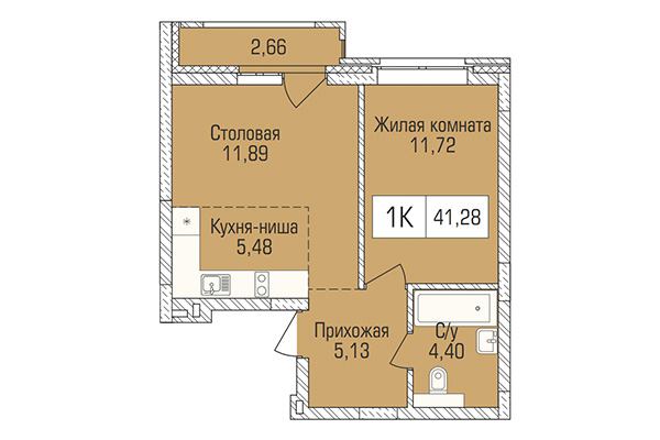 1-комнатная квартира 41,28 м&sup2; в ЖК Цивилизация. Планировка