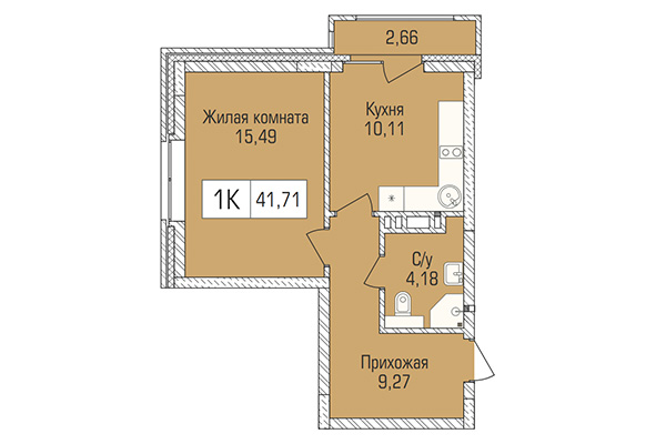 1-комнатная квартира 41,71 м&sup2; в ЖК Цивилизация. Планировка
