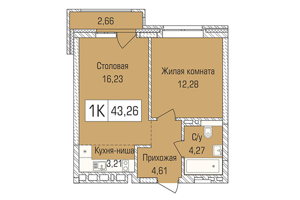 1-комнатная квартира 43,26 м&sup2; в ЖК Цивилизация. Планировка