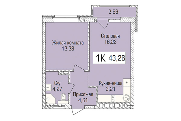 1-комнатная квартира 43,27 м&sup2; в ЖК Цивилизация. Планировка