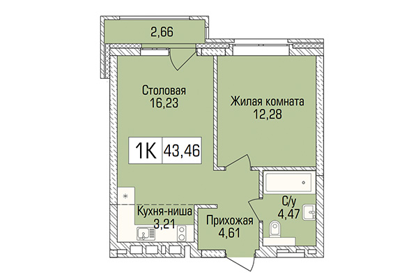 1-комнатная квартира 43,46 м&sup2; в ЖК Цивилизация. Планировка