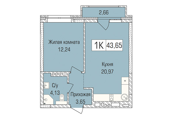 1-комнатная квартира 43,65 м&sup2; в ЖК Цивилизация. Планировка
