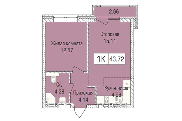 1-комнатная квартира 43,72 м&sup2; в ЖК Цивилизация. Планировка