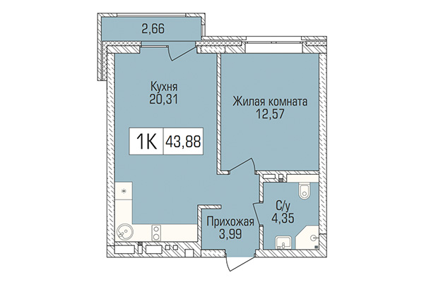 1-комнатная квартира 43,88 м&sup2; в ЖК Цивилизация. Планировка