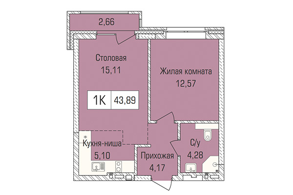 1-комнатная квартира 43,89 м&sup2; в ЖК Цивилизация. Планировка