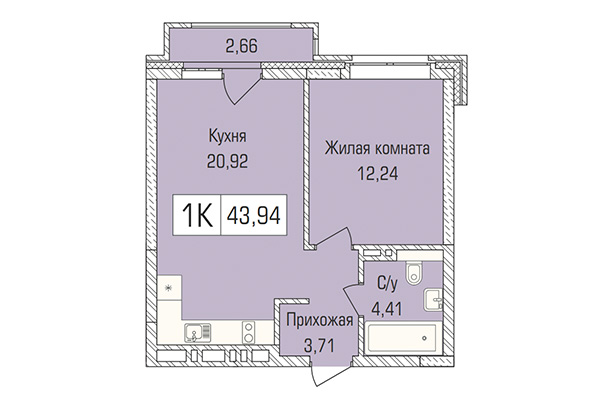 1-комнатная квартира 43,94 м&sup2; в ЖК Цивилизация. Планировка