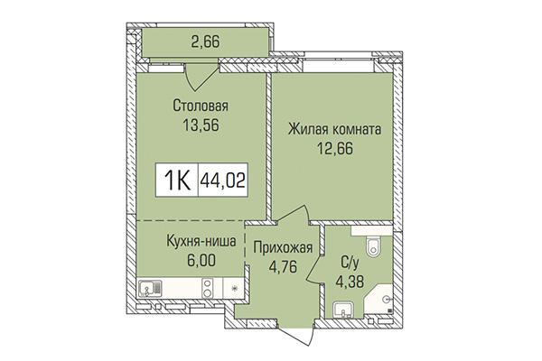 1-комнатная квартира 44,02 м&sup2; в ЖК Цивилизация. Планировка