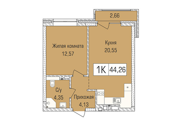 1-комнатная квартира 44,26 м&sup2; в ЖК Цивилизация. Планировка