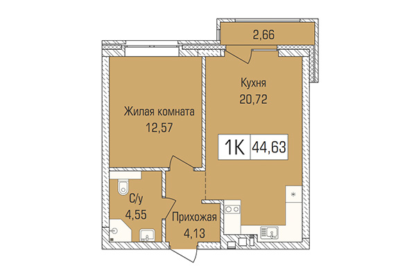 1-комнатная квартира 44,63 м&sup2; в ЖК Цивилизация. Планировка