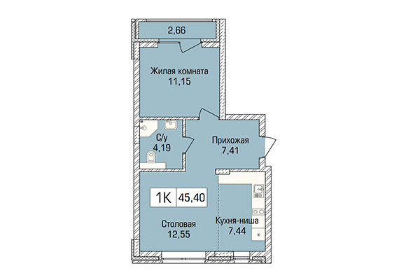 1-комнатная квартира 45,40 м&sup2; в ЖК Цивилизация. Планировка