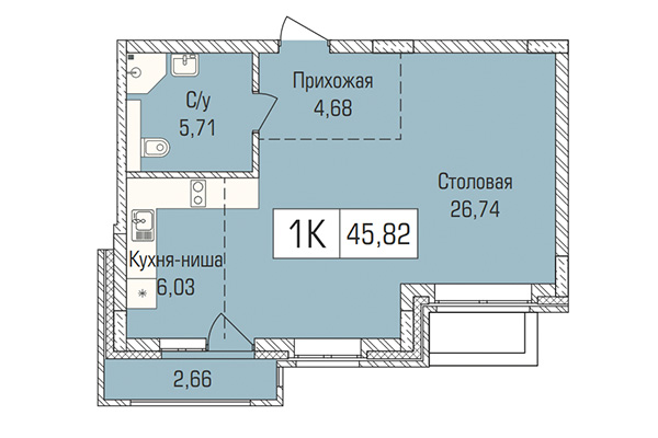 Студия 45,82 м&sup2; в ЖК Цивилизация. Планировка