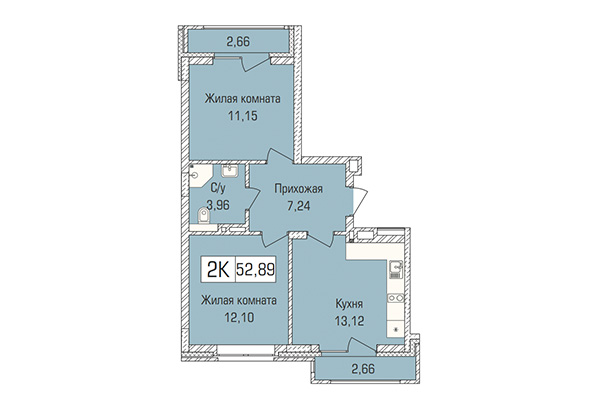 2-комнатная квартира 52,89 м&sup2; в ЖК Цивилизация. Планировка