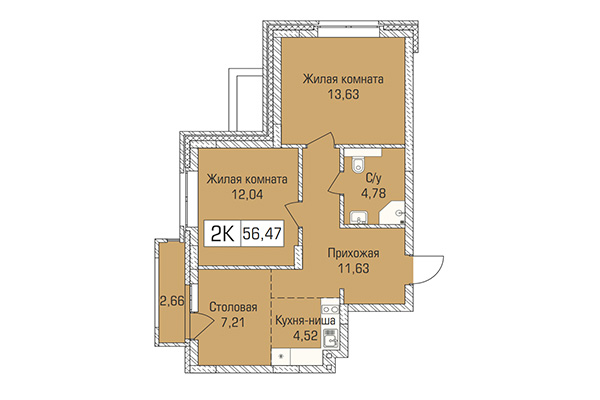 2-комнатная квартира 56,47 м&sup2; в ЖК Цивилизация. Планировка