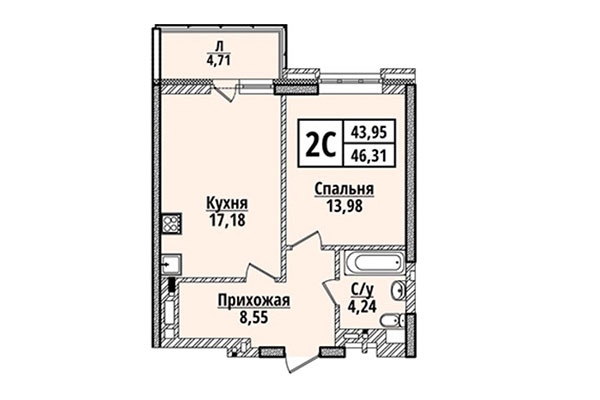 2-комнатная квартира 46,31 м&sup2; в ЖК Классик Хаус. Планировка