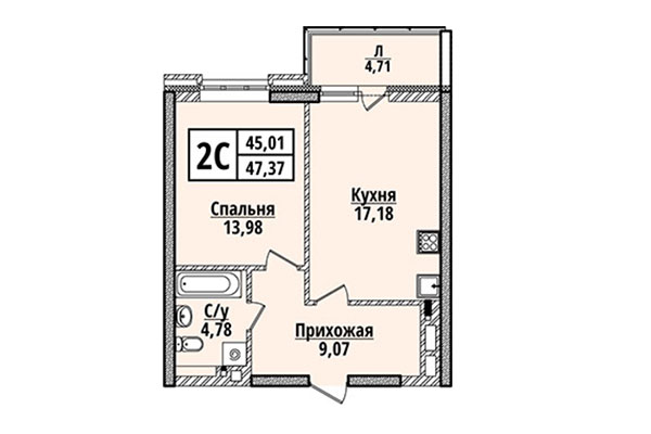 2-комнатная квартира 47,37 м&sup2; в ЖК Классик Хаус. Планировка