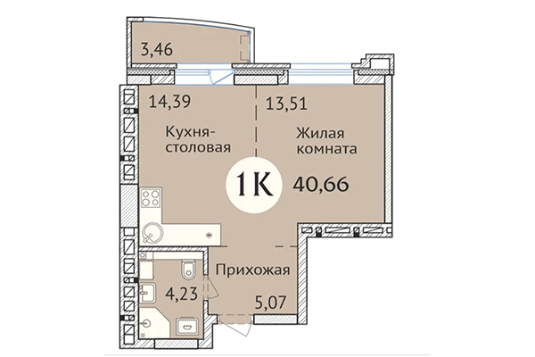 Студия 40,66 м&sup2; в ЖК Заельцовский. Планировка