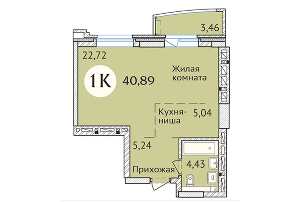 Студия 40,89 м&sup2; в ЖК Заельцовский. Планировка