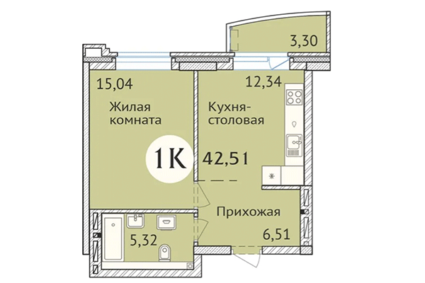 1-комнатная квартира 42,51 м&sup2; в ЖК Заельцовский. Планировка
