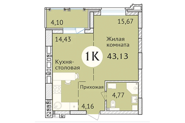 1-комнатная квартира 43,13 м&sup2; в ЖК Заельцовский. Планировка