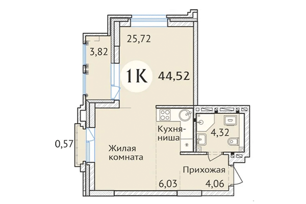 Студия 44,52 м&sup2; в ЖК Заельцовский. Планировка