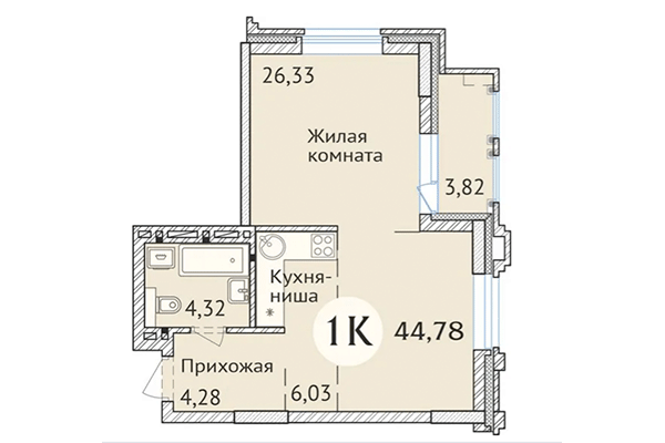 Студия 44,78 м&sup2; в ЖК Заельцовский. Планировка
