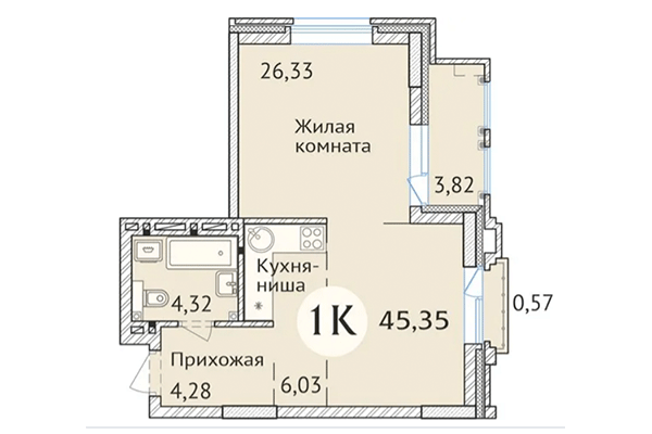 Студия 45,35 м&sup2; в ЖК Заельцовский. Планировка