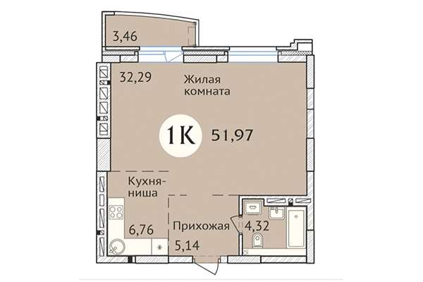 Студия 51,97 м&sup2; в ЖК Заельцовский. Планировка