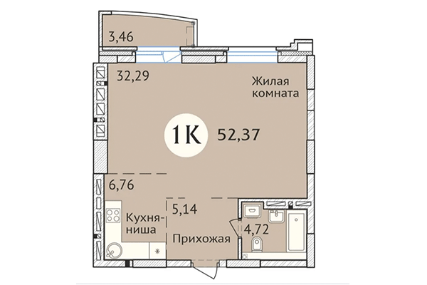 Студия 52,37 м&sup2; в ЖК Заельцовский. Планировка