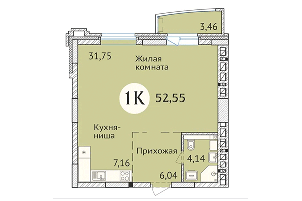 Студия 52,55 м&sup2; в ЖК Заельцовский. Планировка