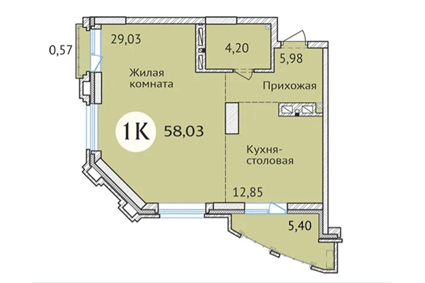 1-комнатная квартира 58,03 м&sup2; в ЖК Заельцовский. Планировка