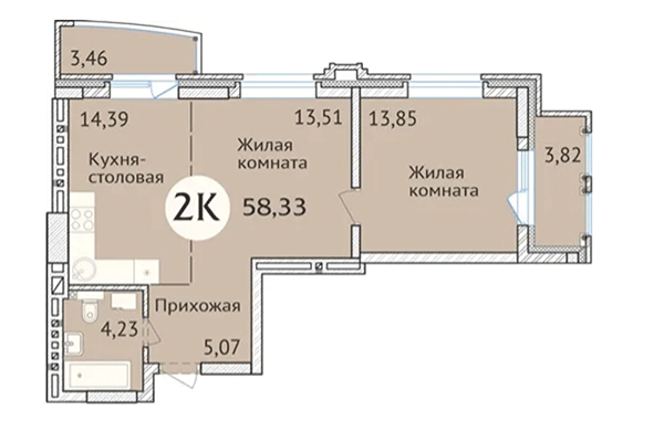 2-комнатная квартира 58,34 м&sup2; в ЖК Заельцовский. Планировка