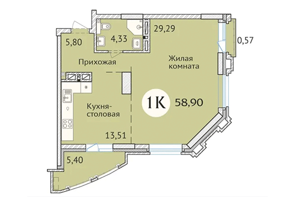 1-комнатная квартира 58,90 м&sup2; в ЖК Заельцовский. Планировка