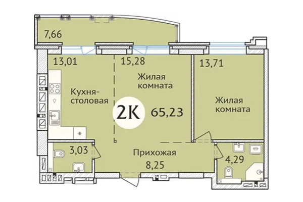 2-комнатная квартира 65,23 м&sup2; в ЖК Заельцовский. Планировка