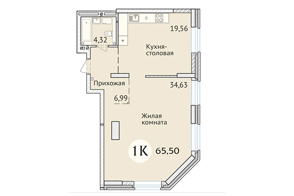 1-комнатная квартира 65,50 м&sup2; в ЖК Заельцовский. Планировка