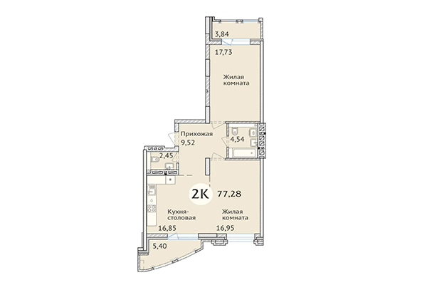 2-комнатная квартира 77,28 м&sup2; в ЖК Заельцовский. Планировка